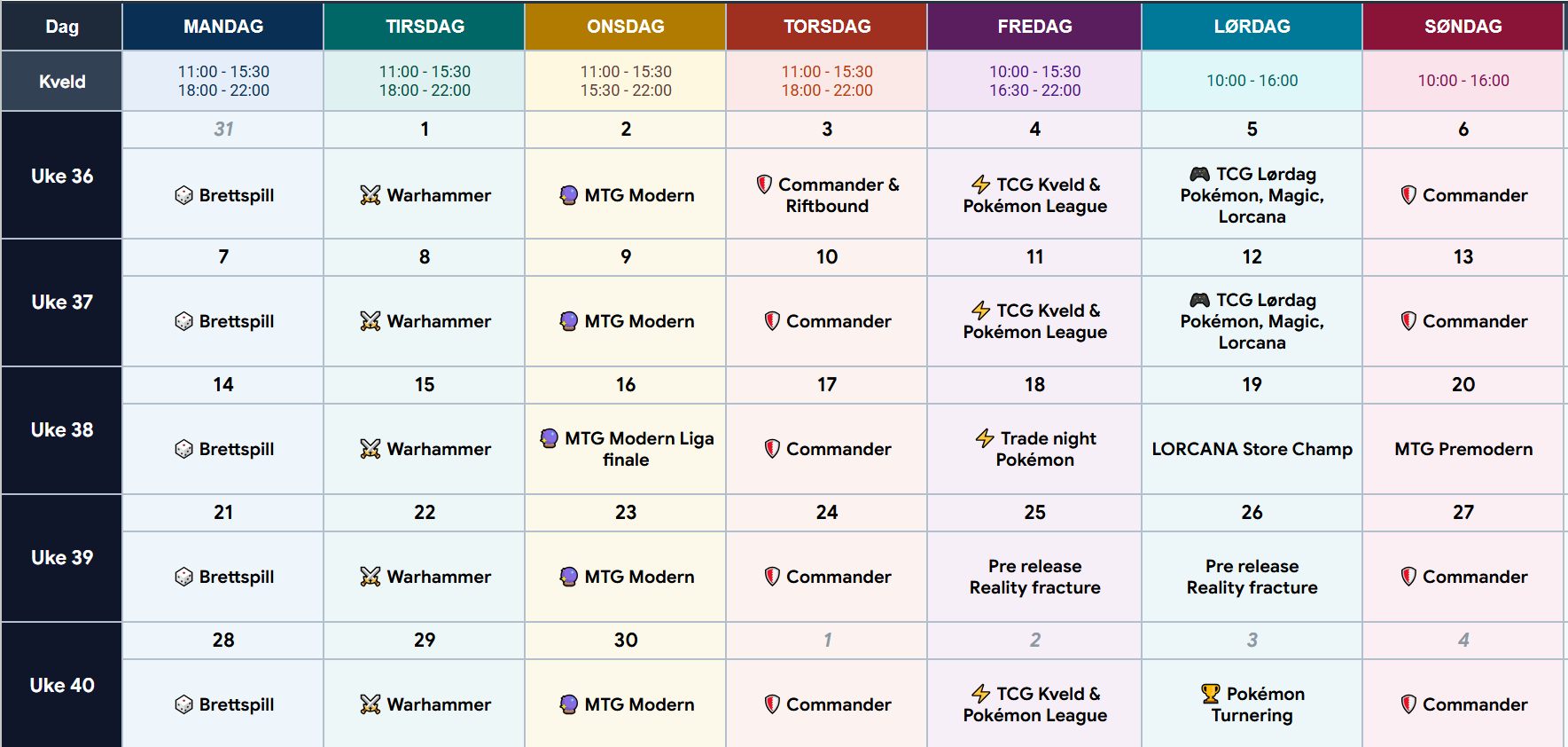 Butikkens kalender